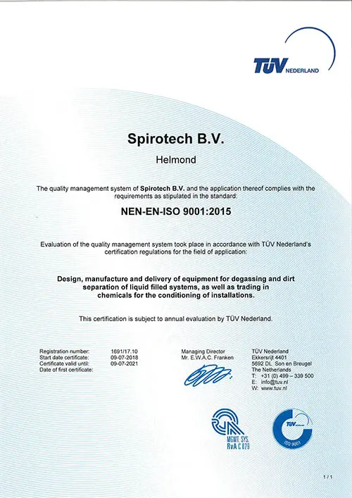 Spirotech ISO 9001 TUV Certificate